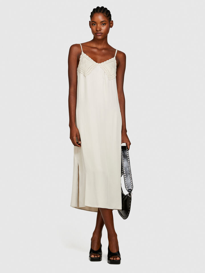 Satin dress with crochet - women's midi dresses - Creamy White | Sisley image number 1